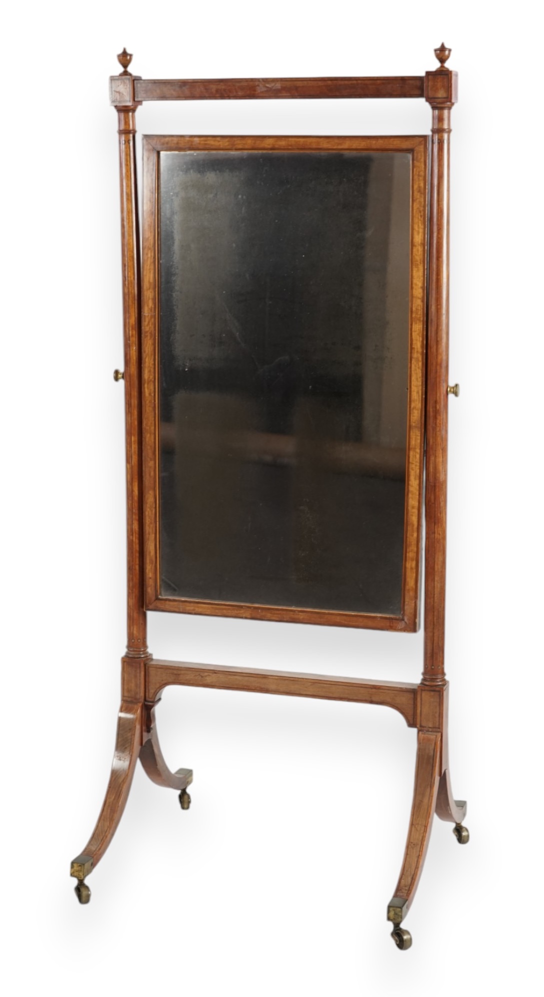 A Regency inlaid mahogany cheval mirror